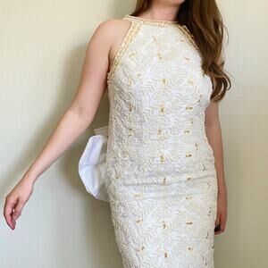 Vintage 90s Pearl Beaded Wedding Gown Size 12 Back Bow Old Money Bridal Dress